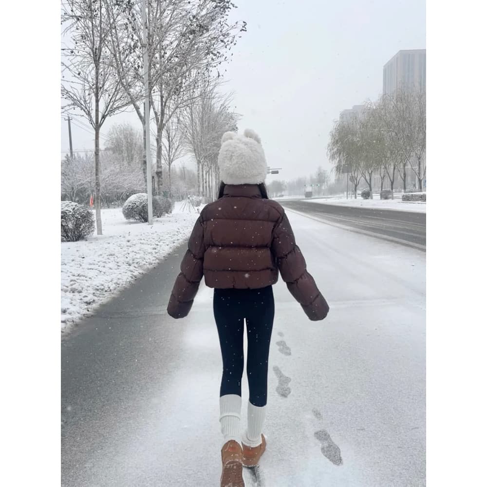 Marrom Kendou estilo inverno curto jaqueta feminina 2025 novo estilo pequeno jaqueta de inverno engrossado pão jaqueta
