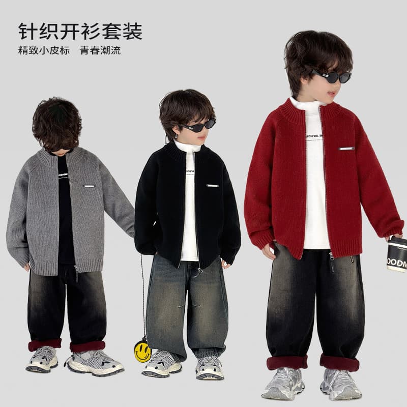Trabalho médio menino meninos terno de inverno malha Cardigan forro de lã camisa de fundo forro de lã calças moda terno
