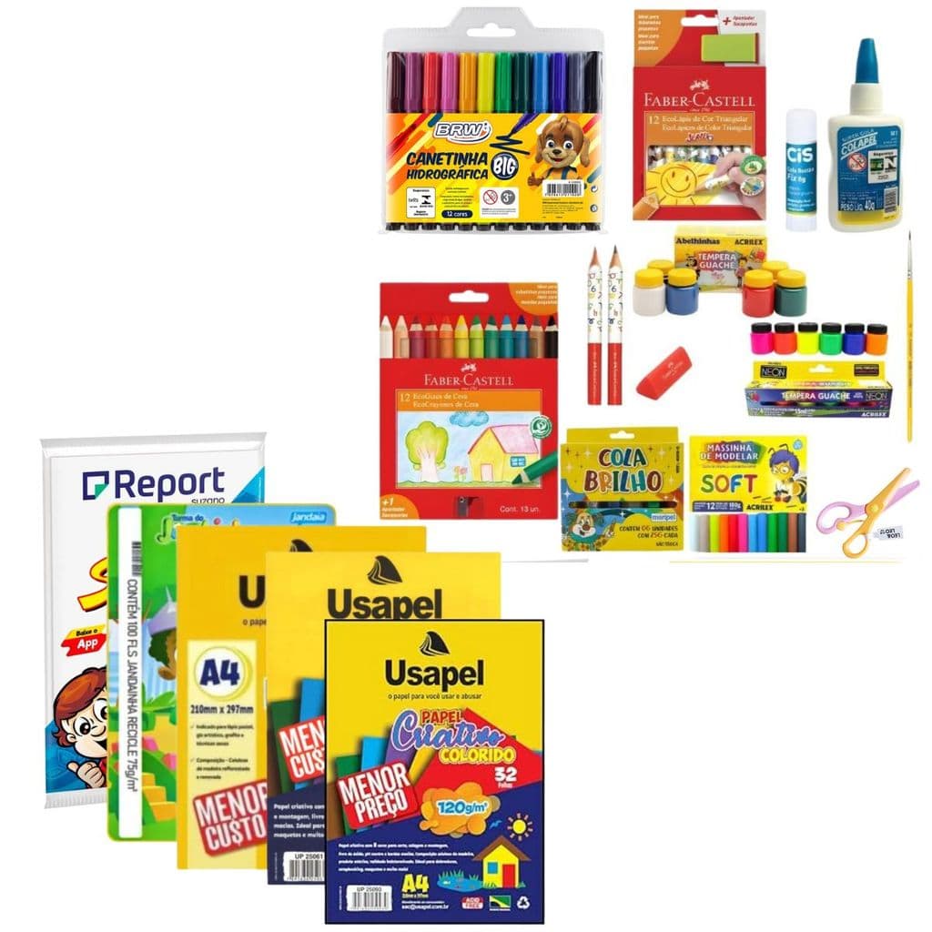 17 ITENS PAPEIS TESOURA ROSA + CANETA JUMBO BRW + LAPIS 12 CORES FABER JUMBO + APONTADOR DEPOSITO