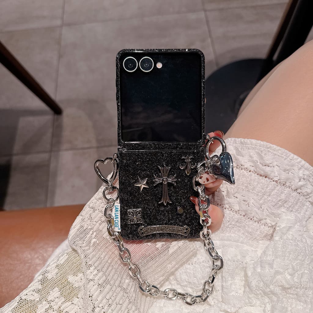 Flip7 cartoon fashion glitter Preto Com Corrente Flip6 Samsung Galaxy Z Flip5 Capa Fofa Find N3 Flip 4 Rígida À Prova De