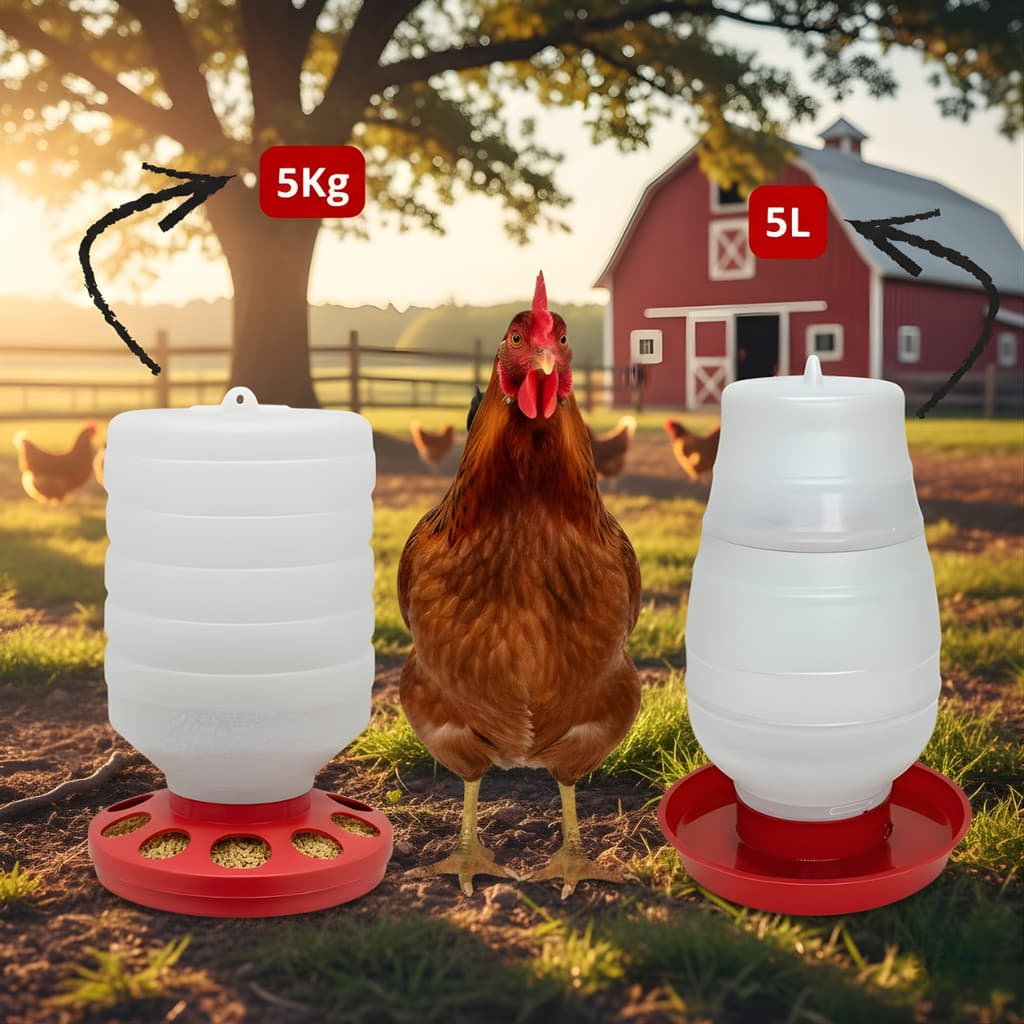 Kit Comedouro Automático 5kg e Bebedouro Rosca 5L para Galinhas e Aves Grandes
