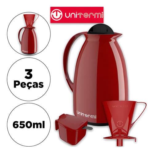 Kit Garrafa Térmica Bule Café Porta Filtro Coador Açucareiro Cor Vermelha