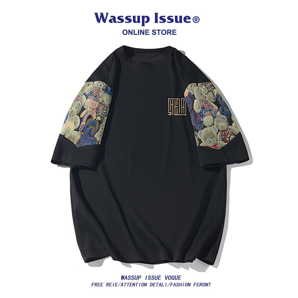 WASSUP ISSUE Urso Costura Bordado Nacional Trendy Manga Curta Meninos High-End Ruffian Bonito