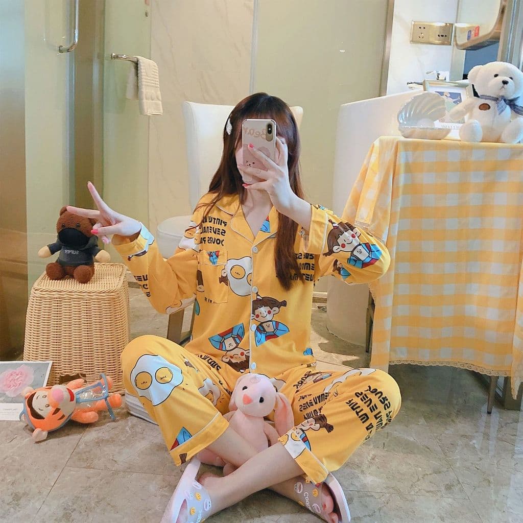 Pijamas femininos estilo fino tamanho grande manga comprida calças de manga comprida pijamas femininos terno versão core