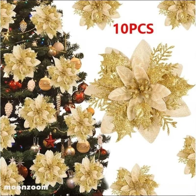 10/5/1 Peça 14cm Flores Artificiais De Natal Com Glitter Decoração De Árvore Feliz Ano Novo Enfeites Falsos-MZ 1GEN