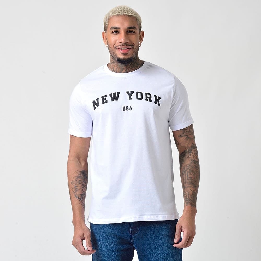 Camiseta Masculina Manga Curta Estampada New York USA Branca