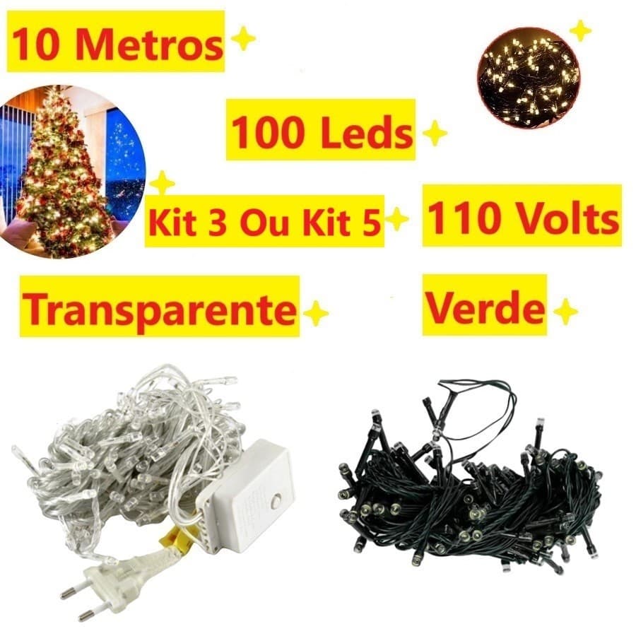 Kit 5 Ou 3 Caixa 100 Leds Pisca Fio Verde Ou Transparente 8 Funções 10M 110V Natalino Multicolorido