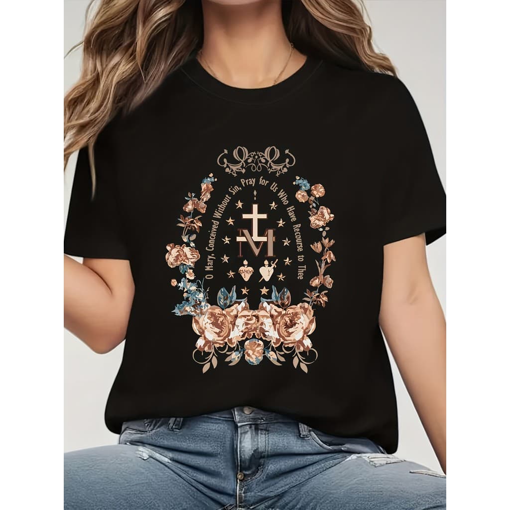 Camiseta Feminina Casual De Algodão Com Estampa Religiosa, Orações Em Latim E Estampa Floral Marrom E Dourada