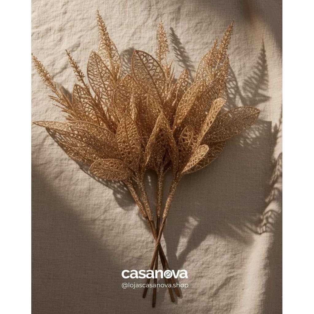 Haste Galho Grass com Glitter Champanhe 39cm Pick Natal Luxo – Enfeite Natalino