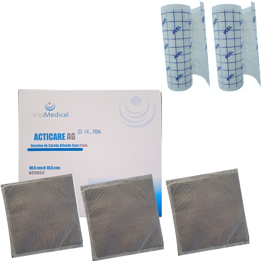 Kit Lesões Pele 3 Curativo De Carvão + Filme 10cm X 2 Metros