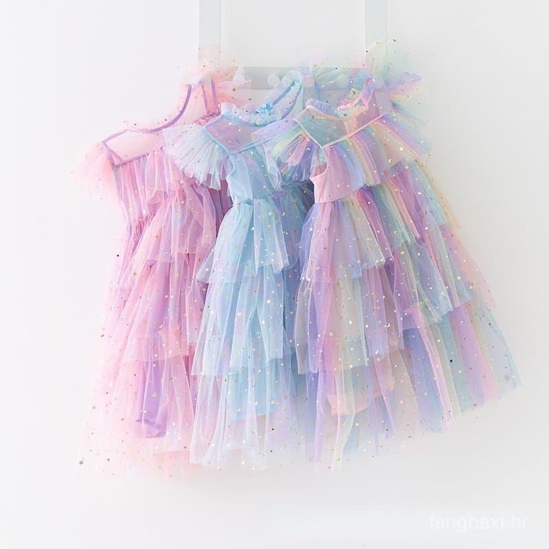 100 % Algodão Bebê Menina Tule Vestido De Princesa Arco-Íris Sequ Festa De Aniversário Bolo Para Meninas Flor Vestidos D