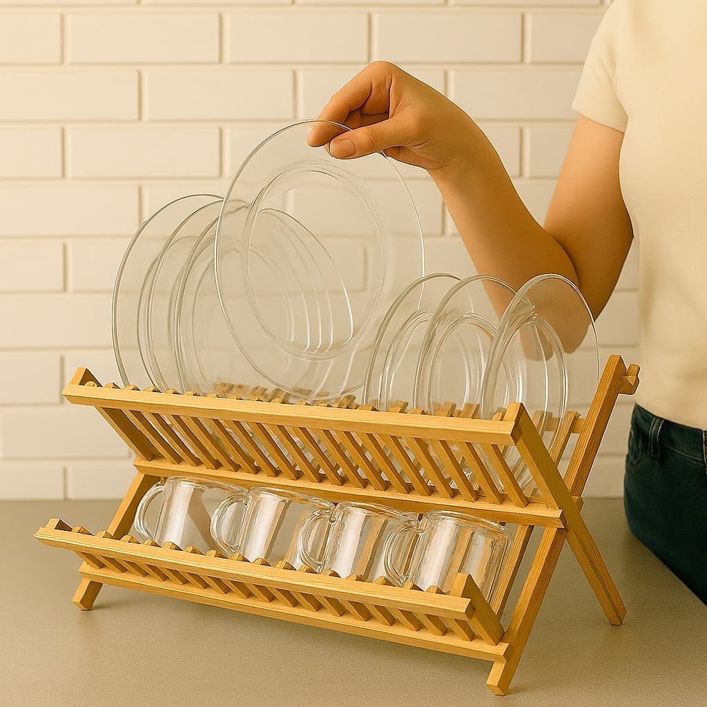 Escorredor Pratos Organiza Cozinha Suporte Copos Dobrável Bambu Colher Louça Rack Talheres