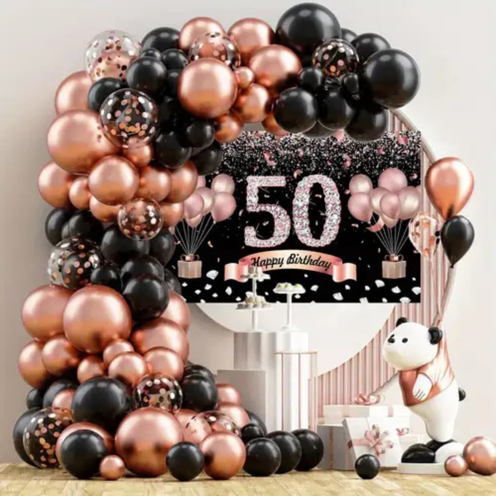 Kit 115 Balões Preto Rosé Metalizado Confete Decoração Festas Com Bexigas Arco Desconstruído + Fita