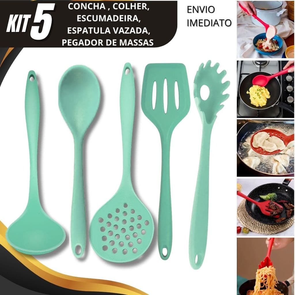 Jogo Silicones Premium Concha Escumadeira Colher Arroz Espátula Vazada Pegador Massa Cozinha