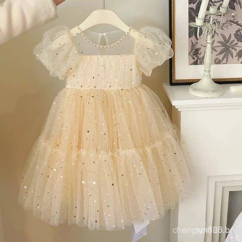 Vestido de Festa para Meninas, Lindas Lantejoulas, Verão, Bege, Chiffon, Aniversário, Crianças, Tutu, 1-8 Anos
