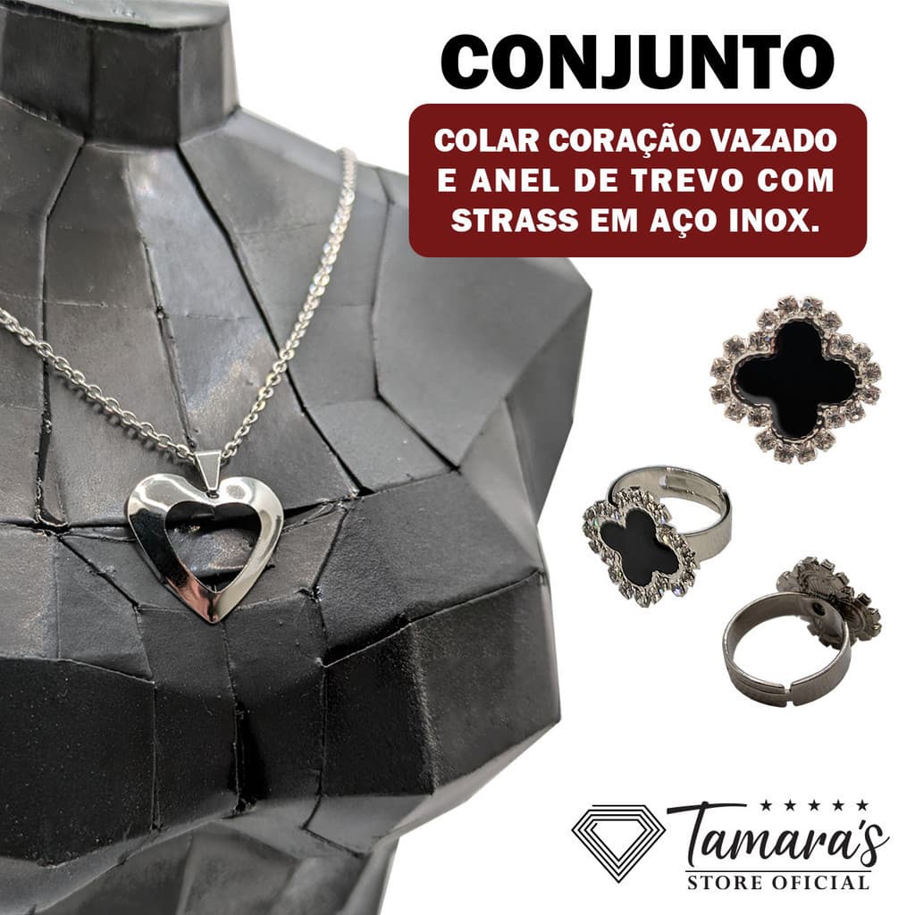 Colar Coração Vazado e anel de trevo com strass em aço INOX