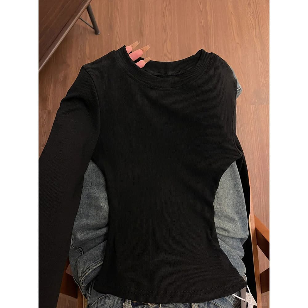 Camisa de fundo preta primavera outono manga comprida camiseta mais magro olhar Formal ombro fino-ajuste em torno do pes