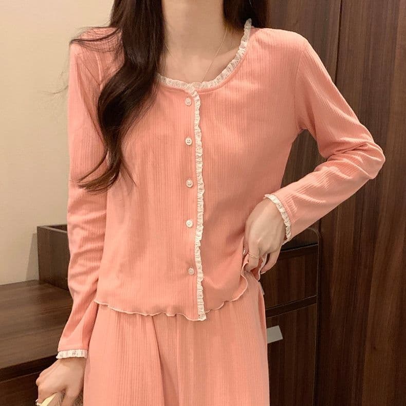 Outono pijamas femininos primavera outono estilo de manga comprida 2023 novo estilo High-End em torno do pescoço renda t