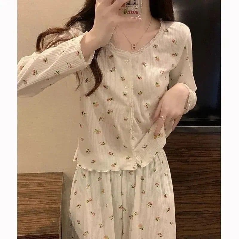 Outono pijamas femininos primavera outono estilo de manga comprida 2023 novo estilo High-End em torno do pescoço renda t