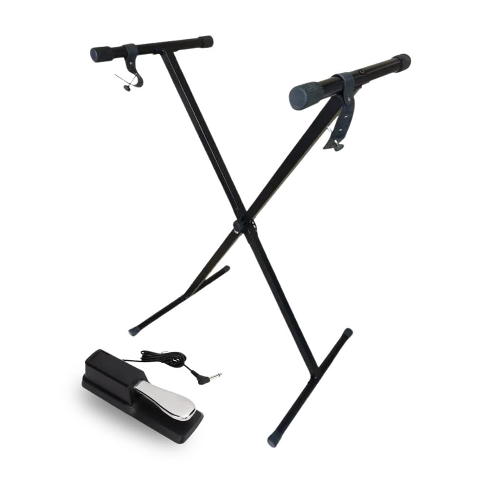 Kit Suporte X para Teclado Regulável Universal 7 níveis reforçado com Pedal Sustain P10 Universal