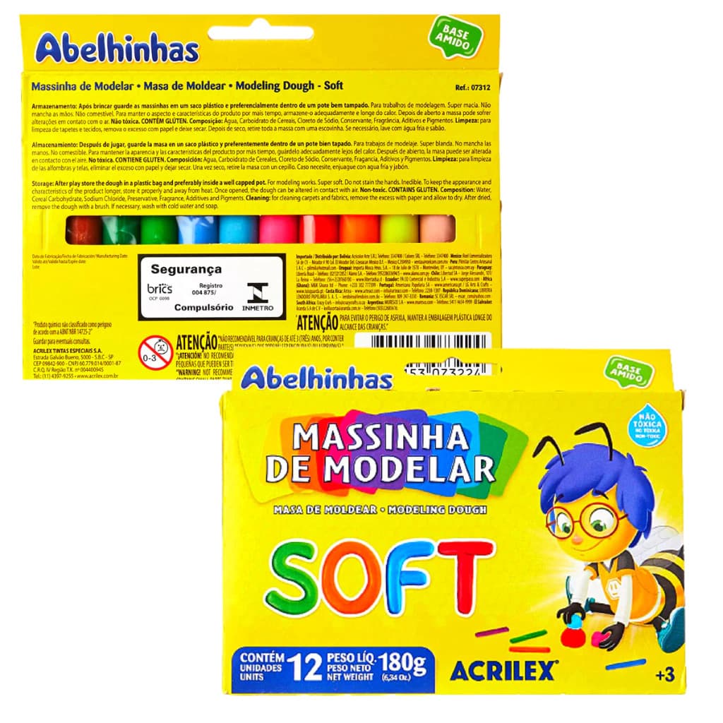 Massinha de Modelar 12 Cores Soft Abelhinhas - ACRILEX