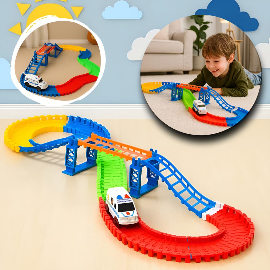 Pista De Montar Trilha Flexivel Infantil Com Carrinho 108pç