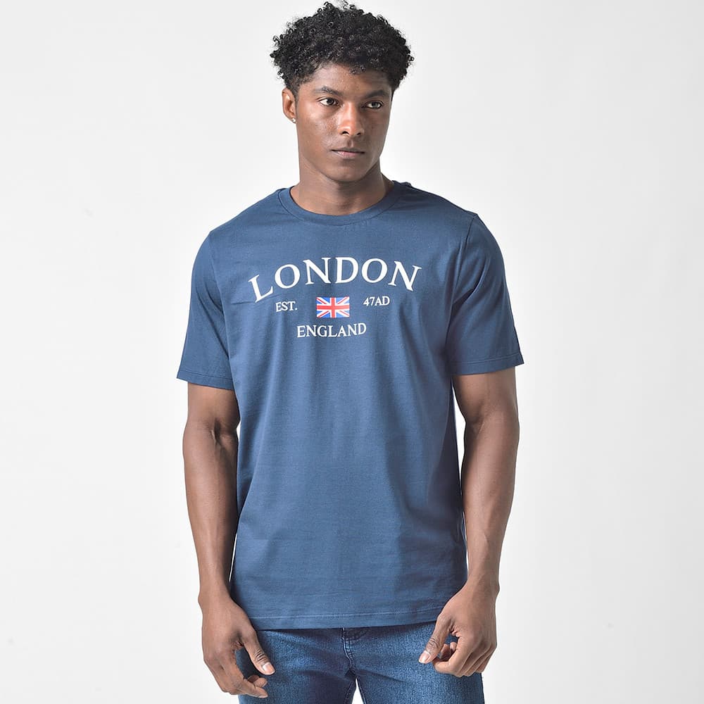 Camiseta Masculina Manga Curta Estampada London Marinho