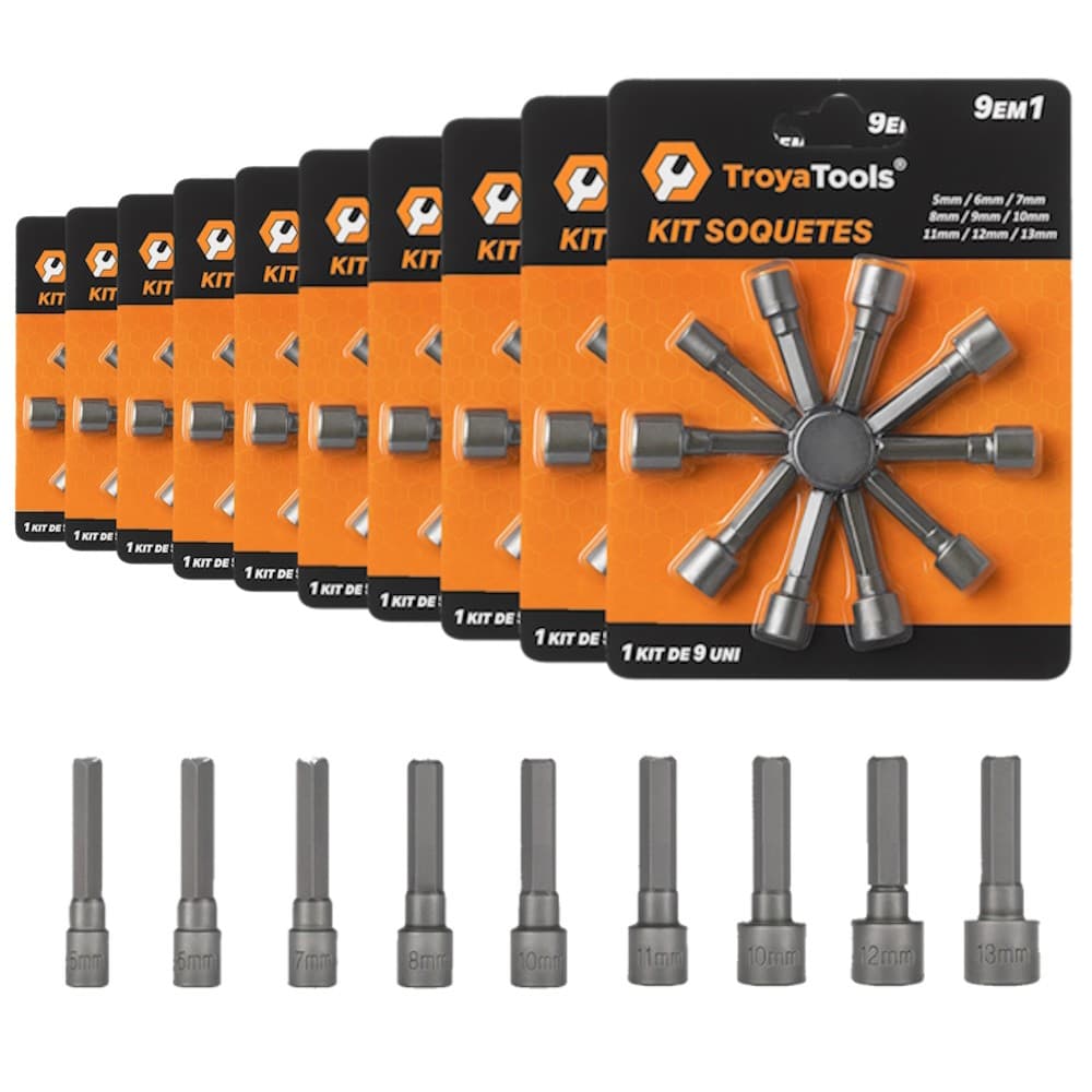 10 Kit Soquetes Troya Tools 9 em 1 De 5mm a 13mm Para Parafusadeira Manutenção Atacado