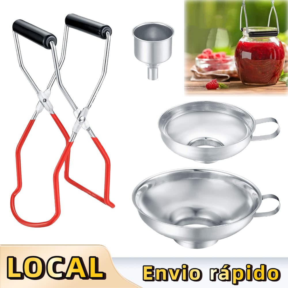 4 peças Conjunto de ferramentas para conservas aço inoxidável – com Elevador e Funil, Ideal para Conservas Caseiras
