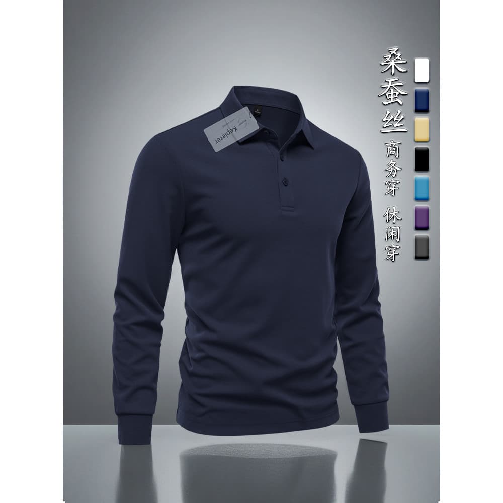 2025 primavera outono novo estilo de manga comprida camisa POLO de seda amoreira masculina negócios Casual cortina super