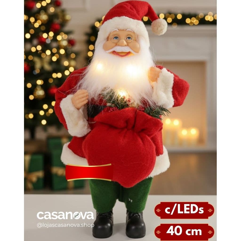 Papai Noel em Pé com LED 40cm Vermelho/Verde– Decoração Natalina Premium