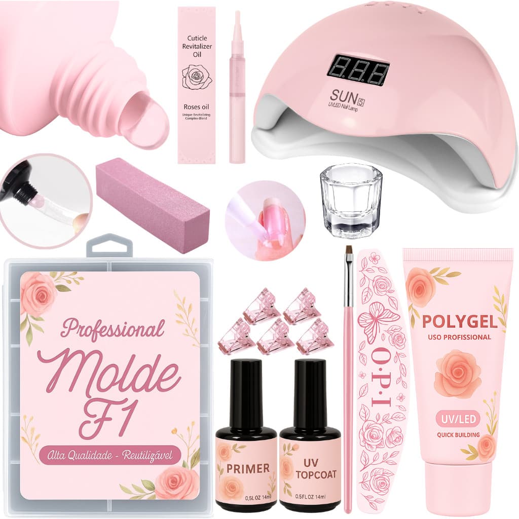 Kit Alongamento De Unha Polygel Cabine Estufa Sun Mini 6w + Top Coat + Primer + 100 Moldes F1Gel/Acrigel/Porcelana