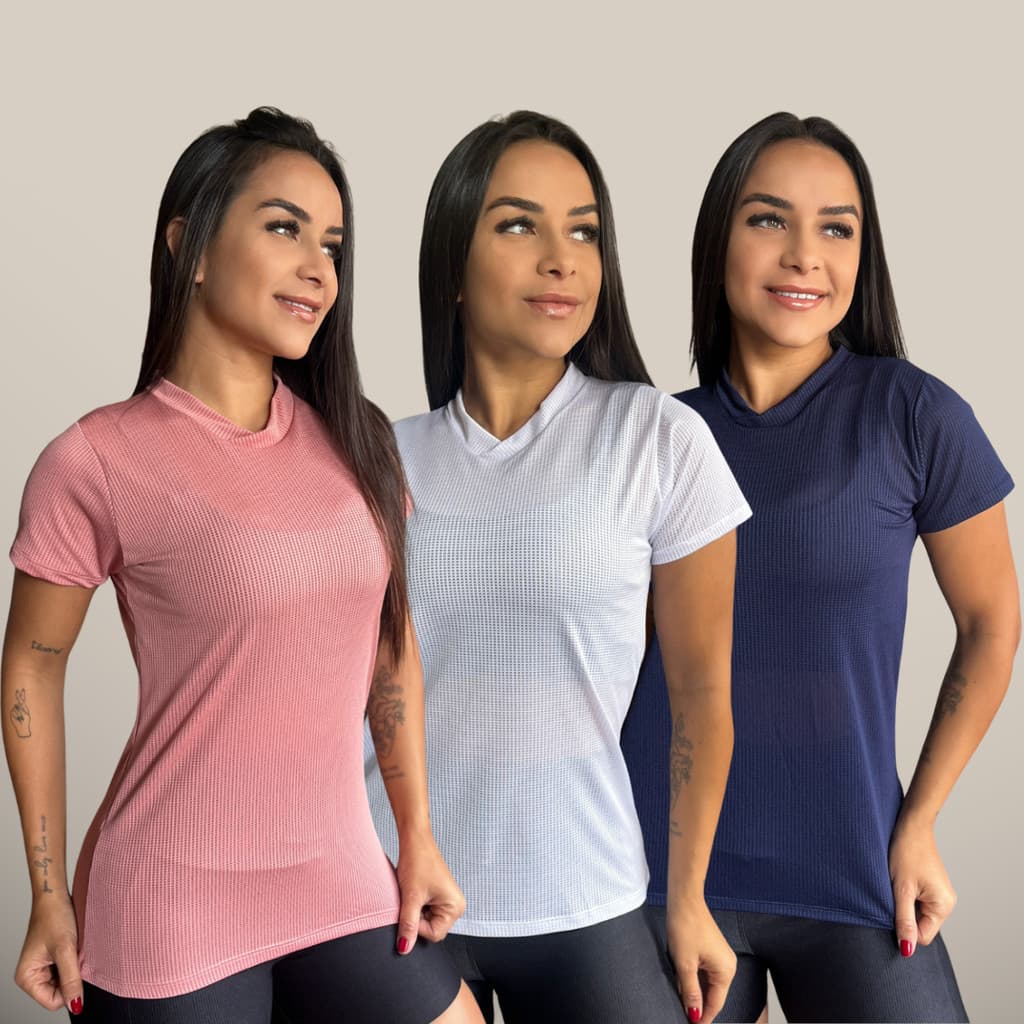 Kit 3 Camisetas Dry Fit Feminina Manga Curta Academia Blusa Fitness de Treino Básica Camisa T-shirt Dri Esportiva Malhar