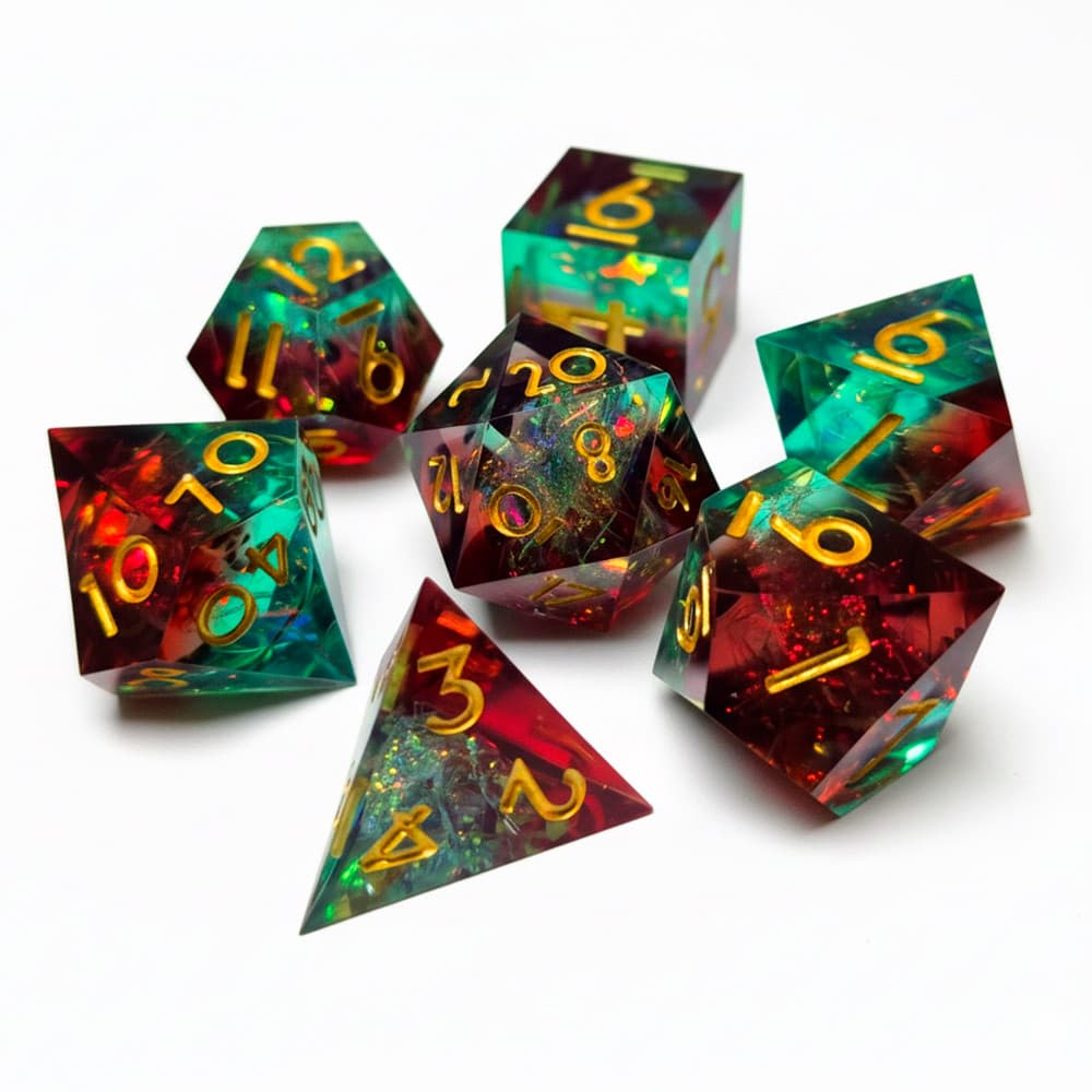 Kit 7 Dados RPG Luxo Verde Turquesa e Vermelho Rubi D&D Dados de Precisão Retos