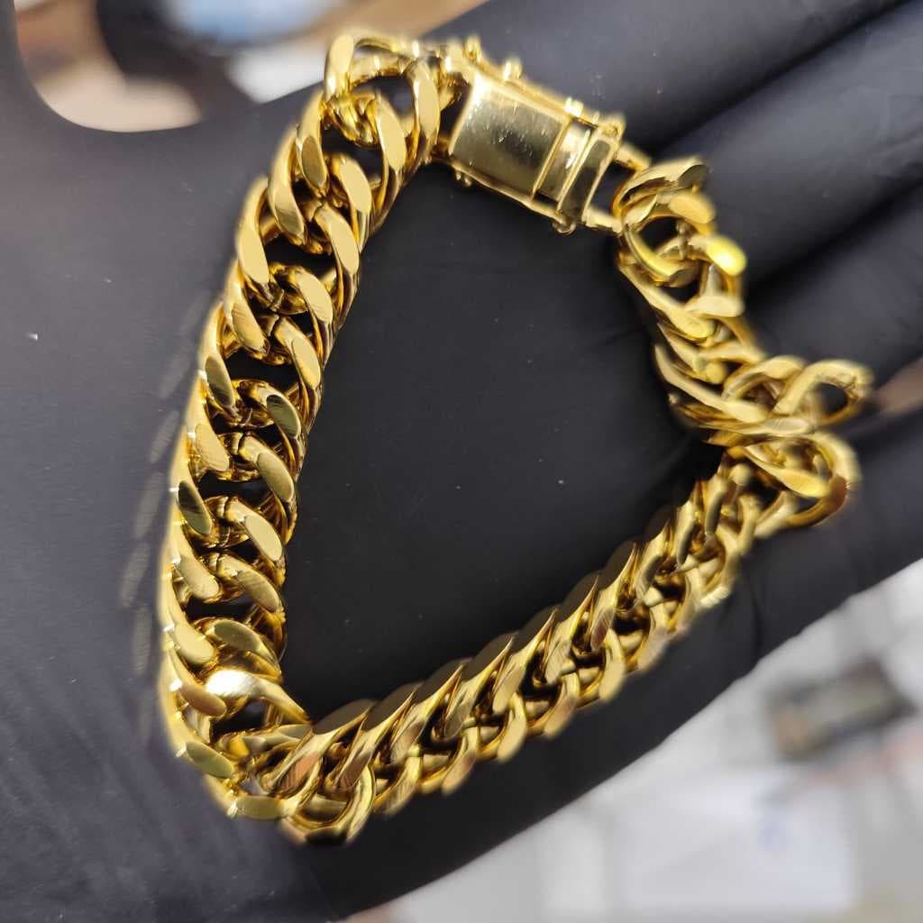 Pulseira lacraia 14mm masculina fecho gaveta duas travas banhada a ouro 18k
