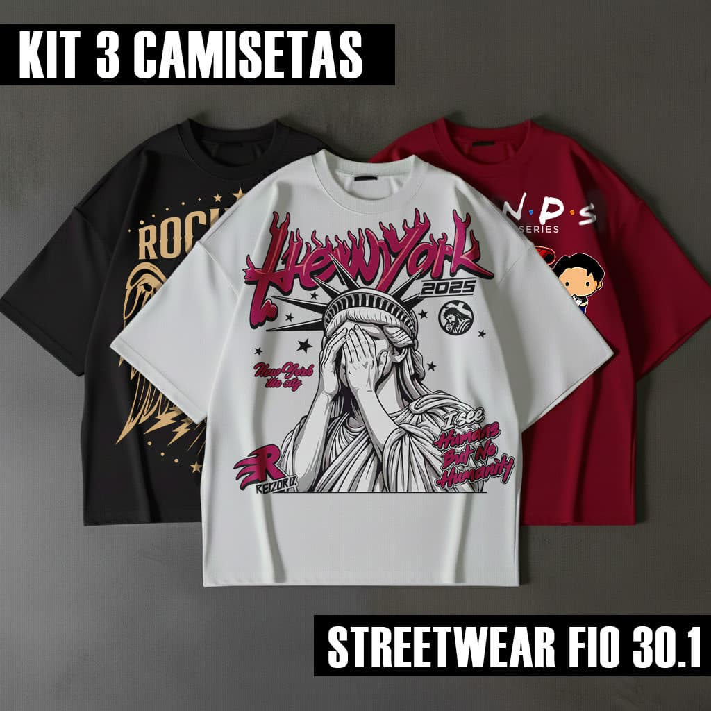 Kit 3 Camisetas Streetwear Estampas Sortidas Surpresa Algodão Malha 30.1 Várias Cores
