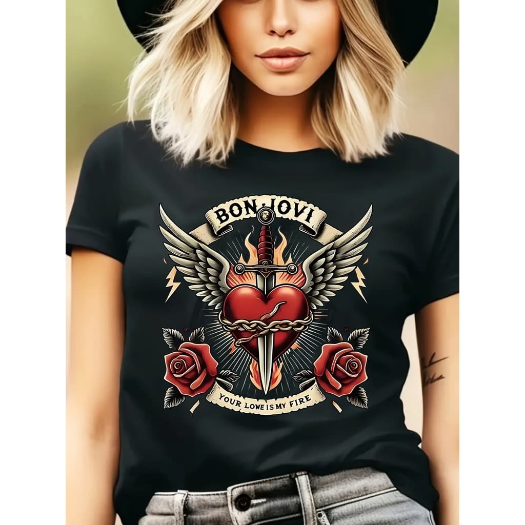 Linda Camiseta Tshirt Camiseta Feminina Bon Jovi Rock Romântico Coração&Asas Primavera/Verão Confortável Única 100% algo