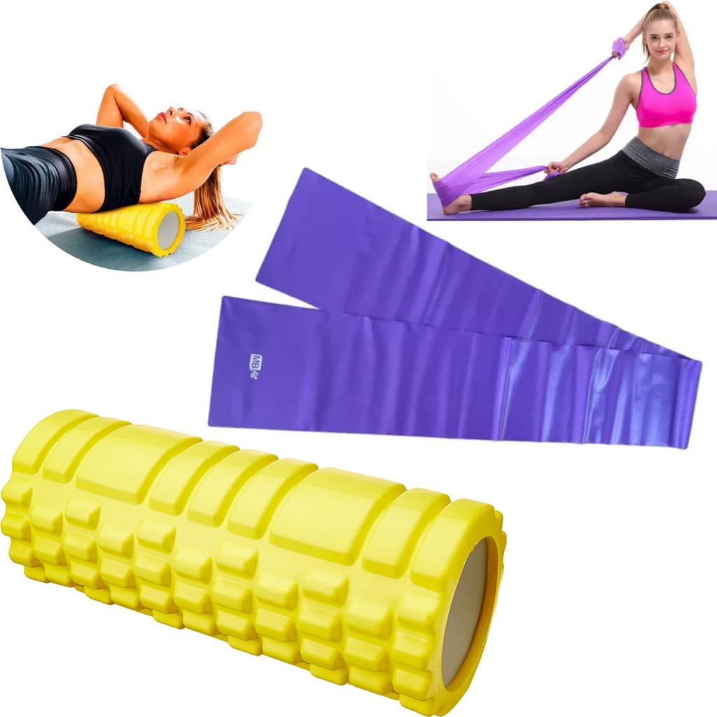 Kit Exercícios Corpo Rolo Liberação Miofascial Massagem + Faixa Elástica Thera Band