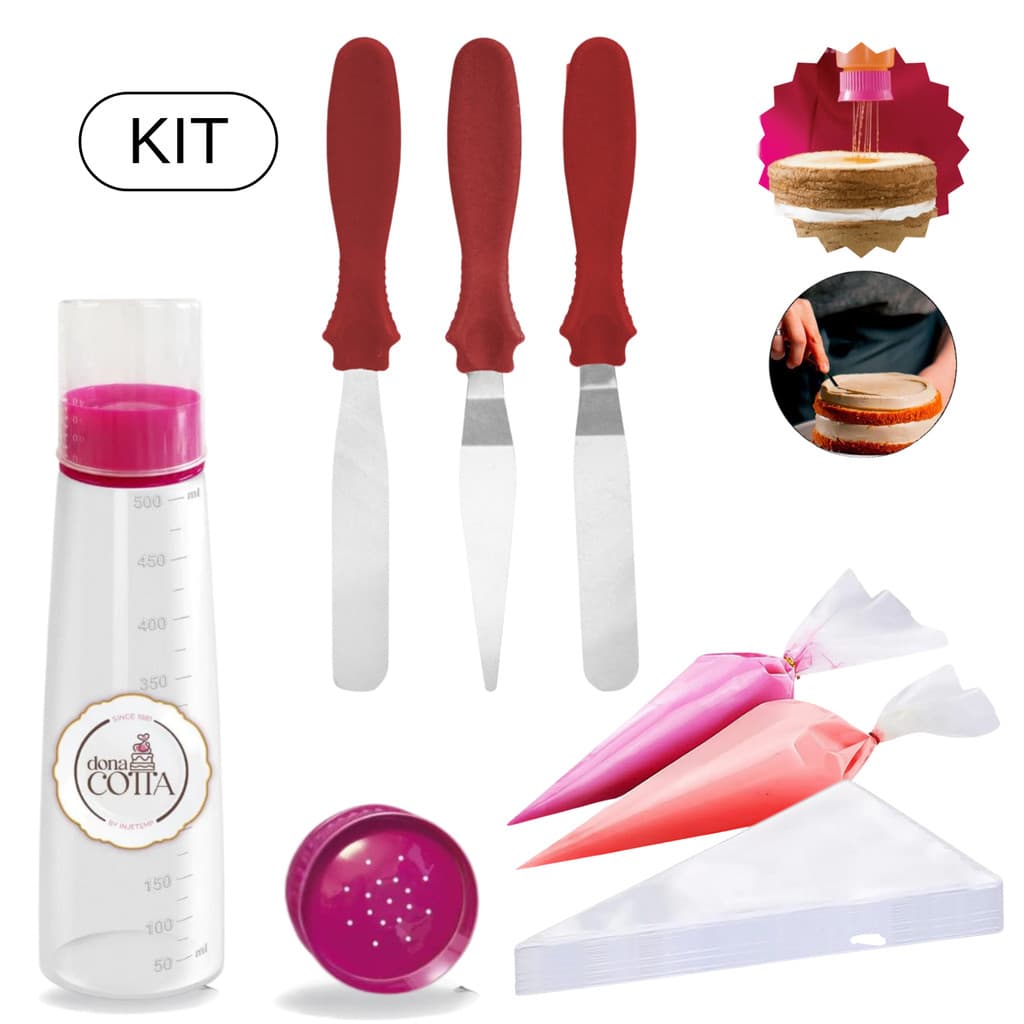 Kit Confeiteiro 1 Regador De Massas 3 Espátulas Cores Sortidas 50 Unid Saco Descartáveis