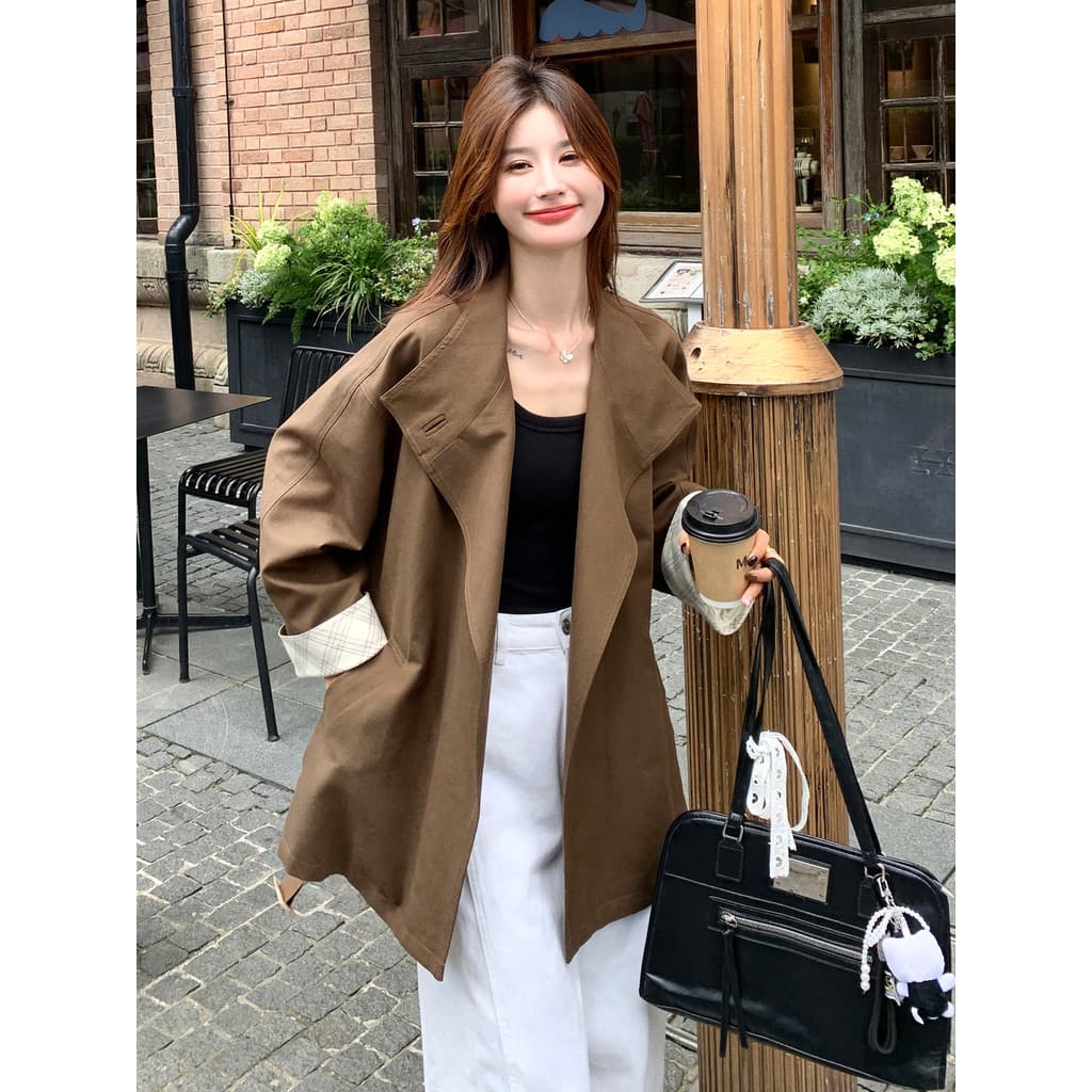 Cor de café estilo coreano temperamento estilo britânico jaqueta elegante feminina 2025 outono novo estilo de compriment