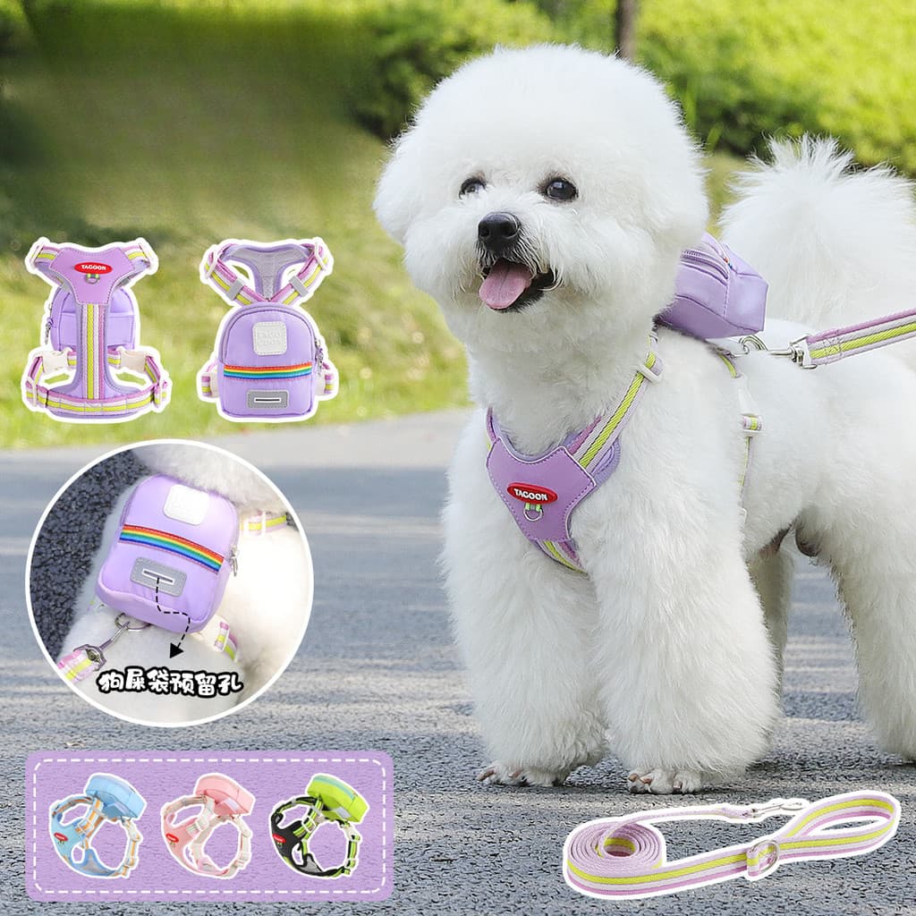 Arnês de Peito para Cães com Mochila Integrada para Viagens ao Ar Livre, Corda de Passeio para Cães de Pequeno e Médio P