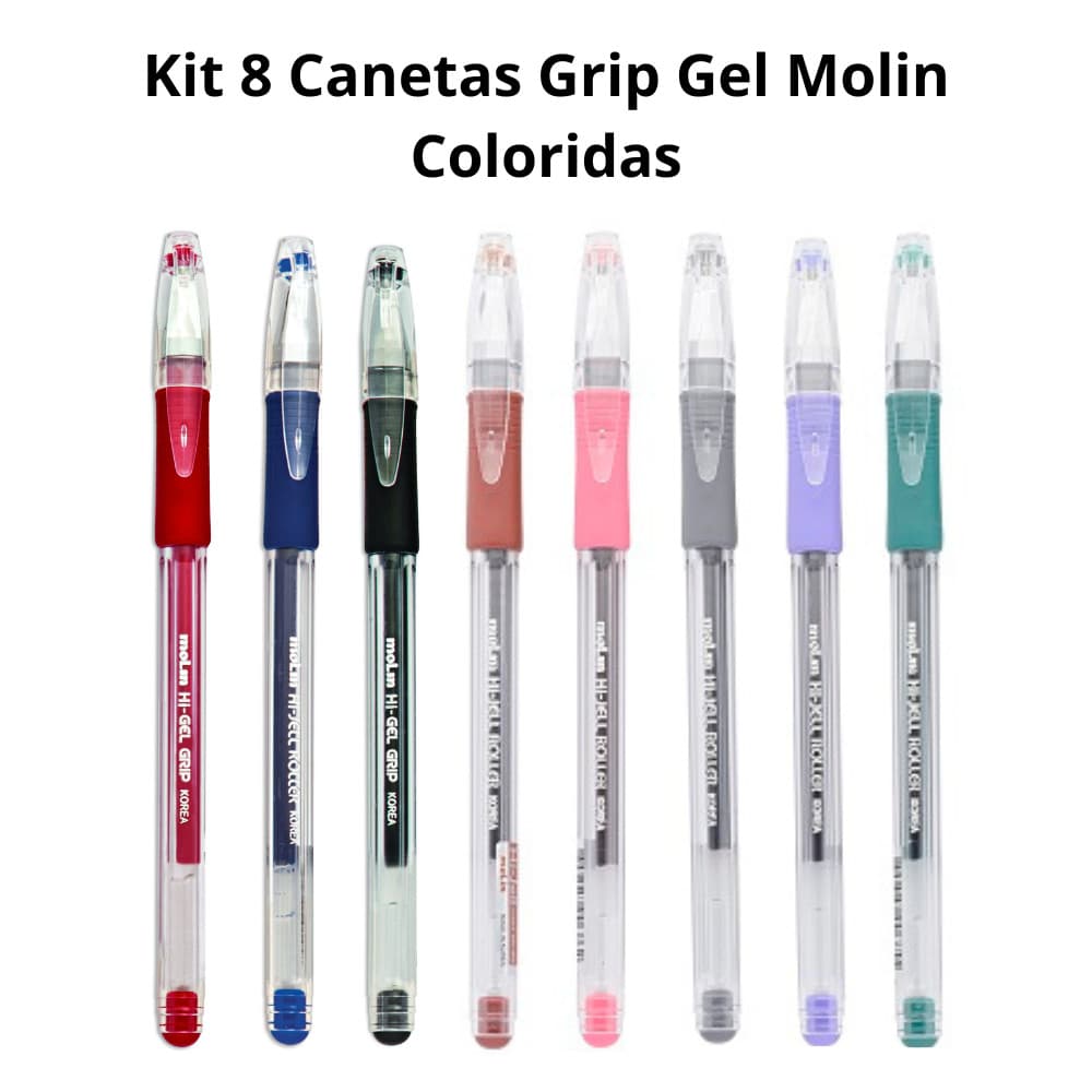 Kit 8 Canetas Gel Grip Molin Preta ou Colorida