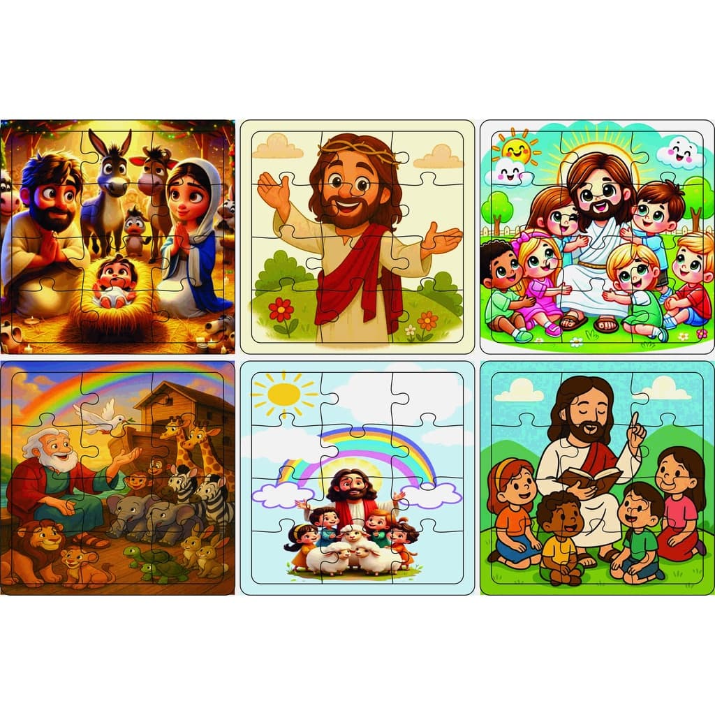 Kit 6 Quebra-cabeça Biblico 12 e 20 Peças Feito em Madeira (MDF) 15X15 cm S/Caixa