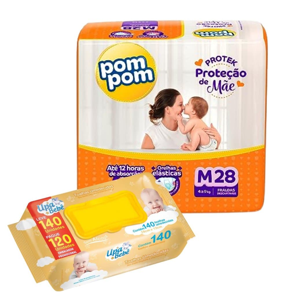 Kit 01 Pacotes Fraldas Pompom Protek Proteção Mãe Jumbo + 140 Lenços Toalhas Umedecidas Upa Bebê