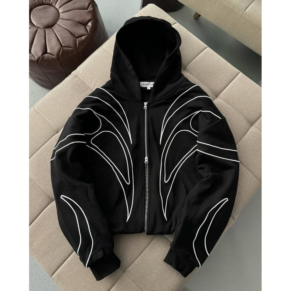Listrado Emenda Bordado Oversized Hoodie Americano Nova Tendência De Rua Alta Marca Duplo Zíper Preto Moletom Com