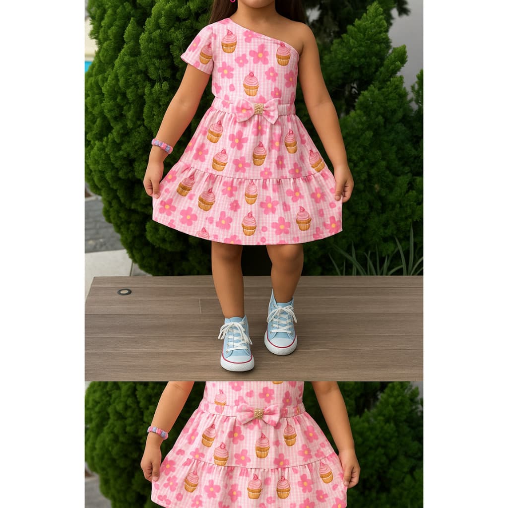 Conjunto Infantil Menina 4 5 6 7 8 Anos – Vestido Canelado Estampado com Laço e Babado(Docinhos e Flores,6-7 anos)
