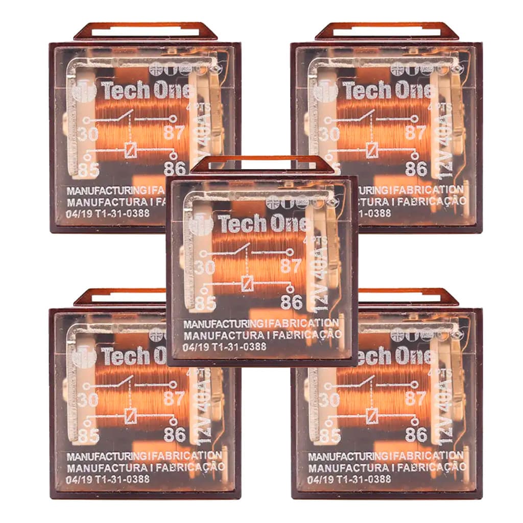 Kit 5 Relê Automotivo 4 Pinos Terminais 12v 40a Techone - 4 Pinos
