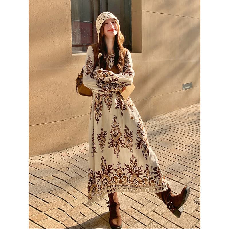 Boêmio estilo étnico colete terno feminino outono 2025 Retro borla rendas vestido Floral terno de duas peças