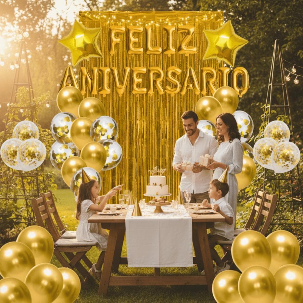 Kit Feliz Aniversário + 2 Cortinas Metalizadas + Balões Dourados Decoração Completa Festa