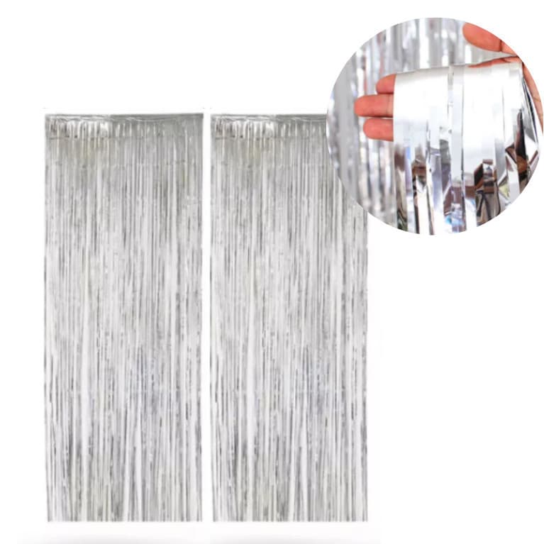 KIT 2 Cortinas Metalizadas Franja 2x1mts P/ Festa Painel Decoração Ano Novo Prata Prateada Fitas Metalica Reveillon